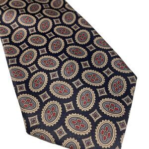 Vintage Merceds Hand Made 100% Silk Tie Navy Cream and Red Geometric Design EUC